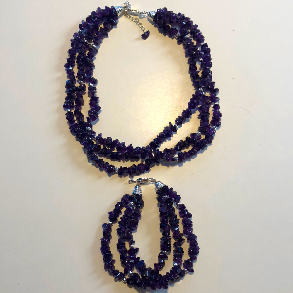 Triple Strand Amethyst Necklace and Matching Bracelet